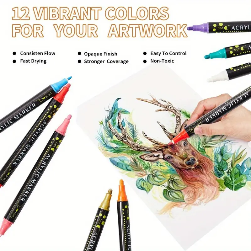 Dual Tip Acrylic Paint Pen, 12pcs/24pcs Premium Acrylic Paint Pen for Wood, Canvas, Stone, Rock Painting, Glass, Ceramic Surfaces, DIY Crafts Making Art Supplies 6