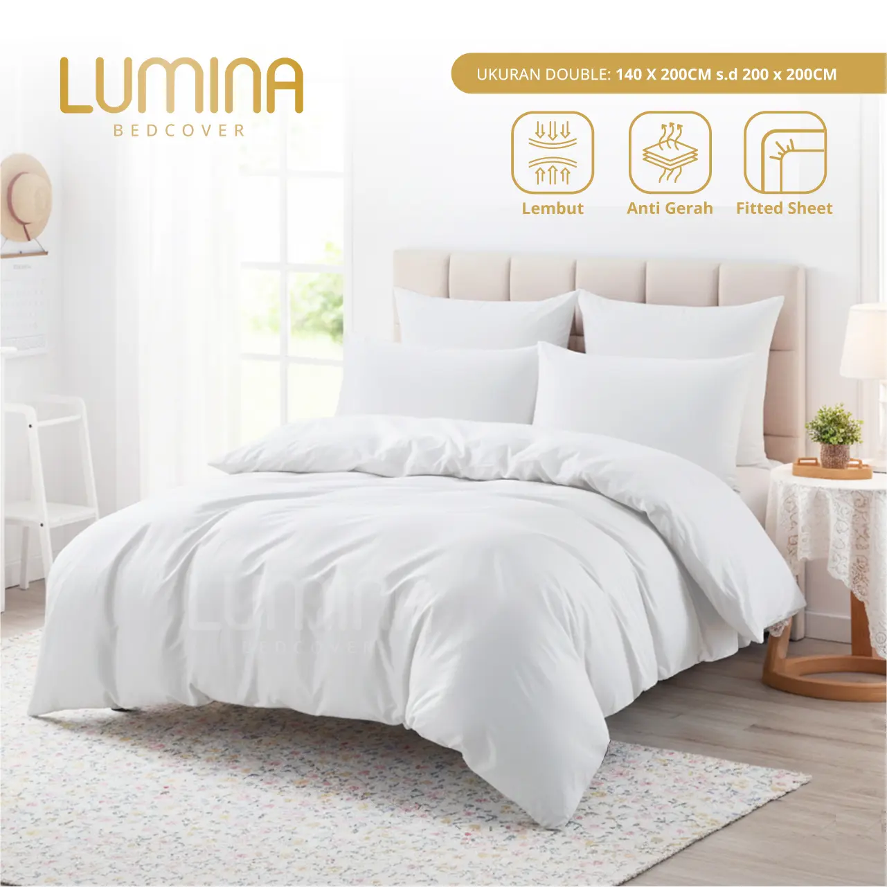 Lumina Bedcover - Sprei & Bedcover Set Polos Putih - Ukuran Lengkap 140x200/180x200/160x200/200x200