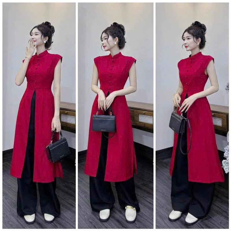Set Áo Dài Đỏ Tay Cánh Cách Tân Xẻ Tà Giữa Chất Tuyết Nhung Dày Mịn Sang Trọng, Thiết Kế Độc Đáo Dành Riêng Cho Phái Đẹp Dưới 53kg Nữ Women Dress 1