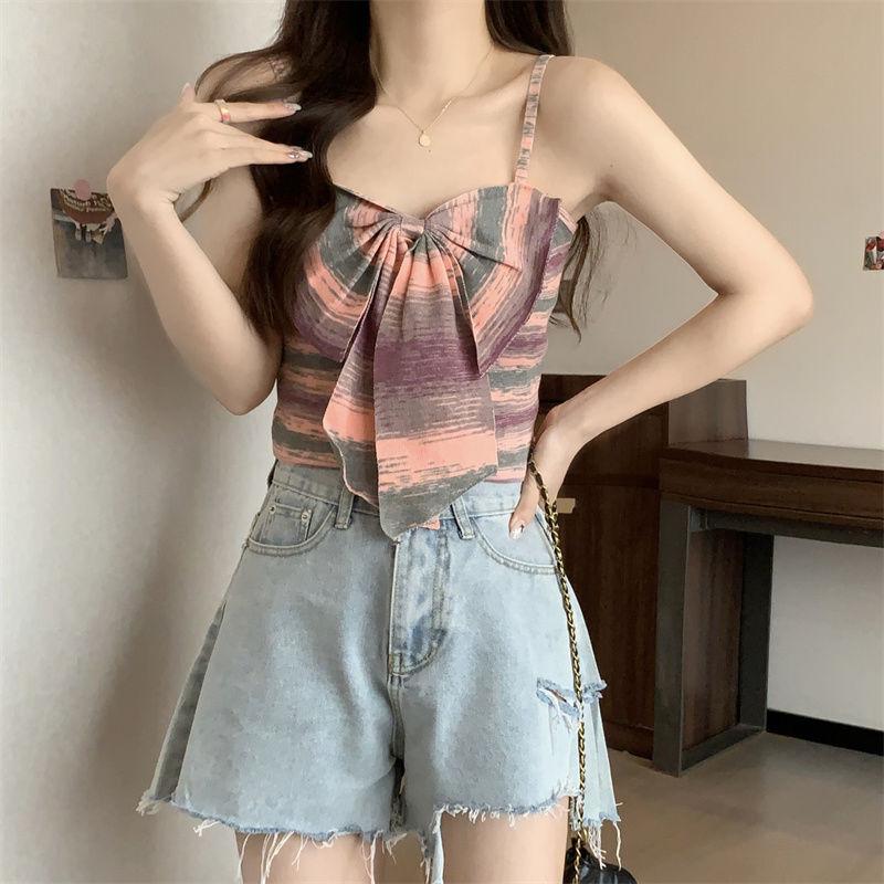 Product Introduction of Sweet and Spicy Style Striped Small Sling Vest Women's Summer Inner Wear Outer Wear Design Sense Niche Bow Sleeveless Short Top turtleneck  tank Lingerie Plaid Spaghetti Strap tank  top camisole  tops baby  tee 9