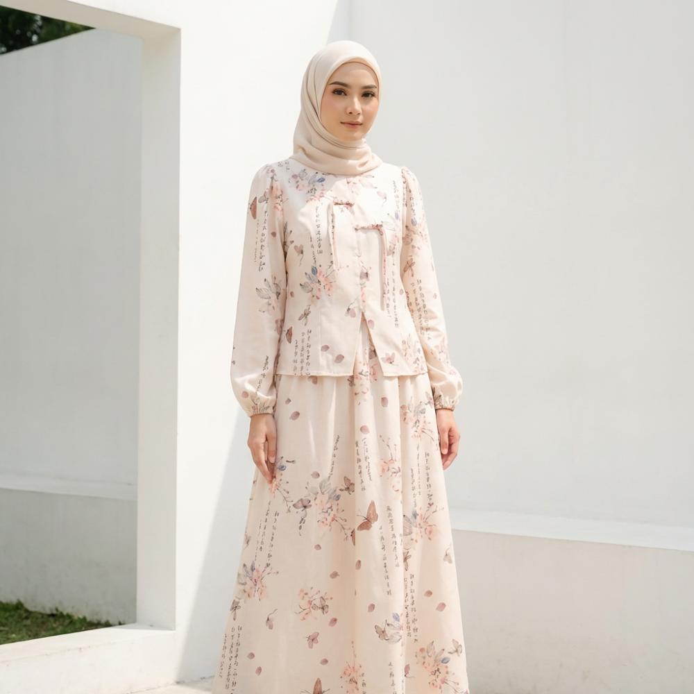 Asaya Setelan wanita bergaya retro Tiongkok, atasan lengan panjang dengan kancing buatan tangan dipadukan dengan rok model A-line yang stylish