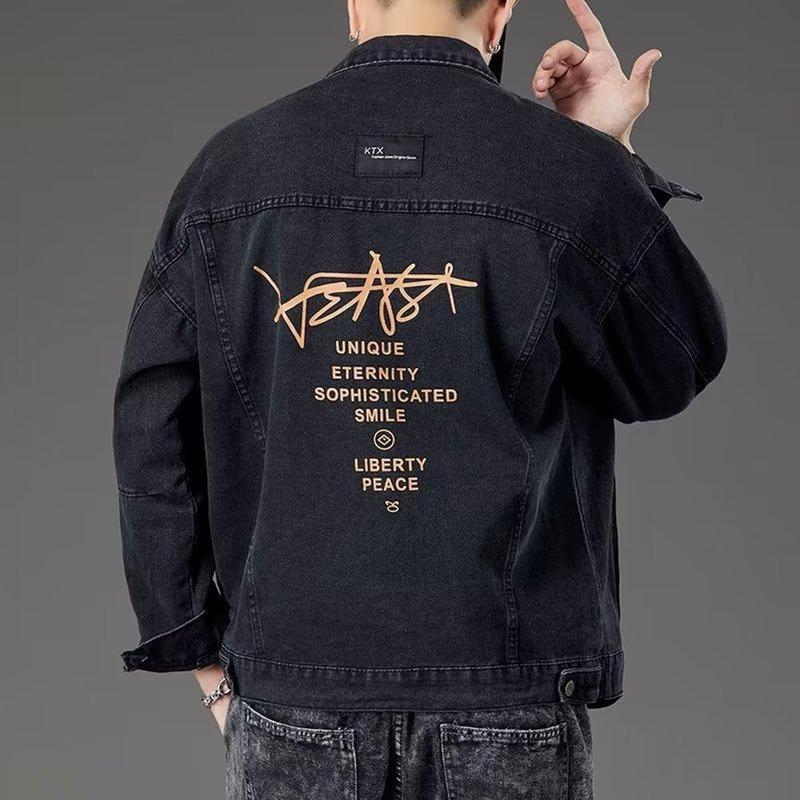 Áo khoác JEANS nam nữ màu Đen kiểu IN chữ AJ007, vải Denim dày co dãn không ra Màu Menswear Jacket Có Túi Có Cổ