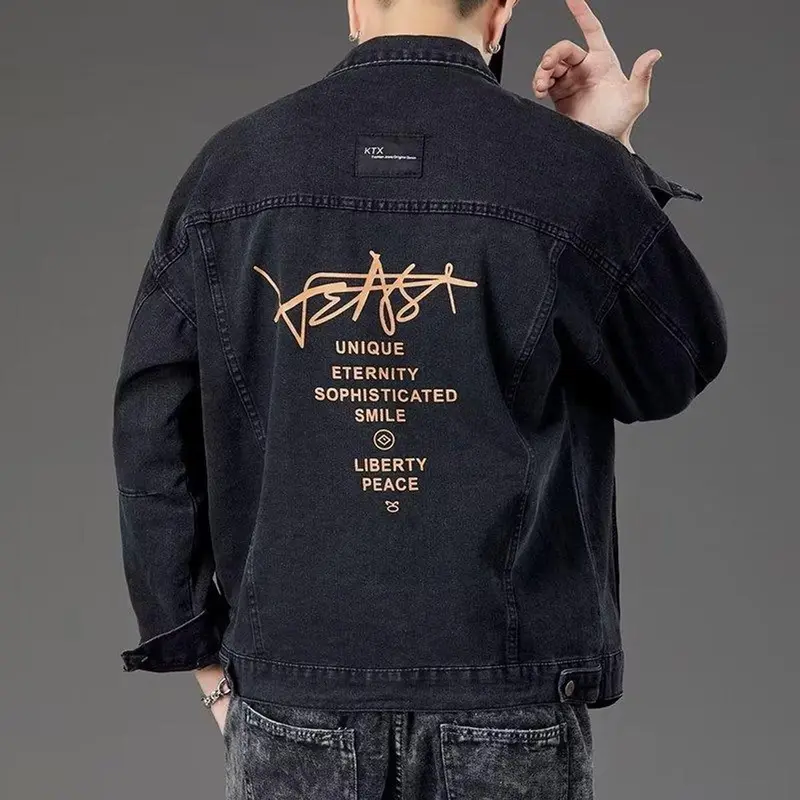 Áo khoác JEANS nam nữ màu Đen kiểu IN chữ AJ007, vải Denim dày co dãn không ra Màu Menswear Jacket Có Túi Có Cổ 0