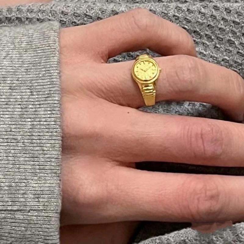 Đồng Đồng Hồ Nhẫn Ngón Tay Mini, Thiết Kế Sáng Tạo, Có Thể Điều Chỉnh, Phong Cách Cổ Điển, Được Làm Bằng Hợp Kim, Với Vỏ Đồng Đồng Hồ 6