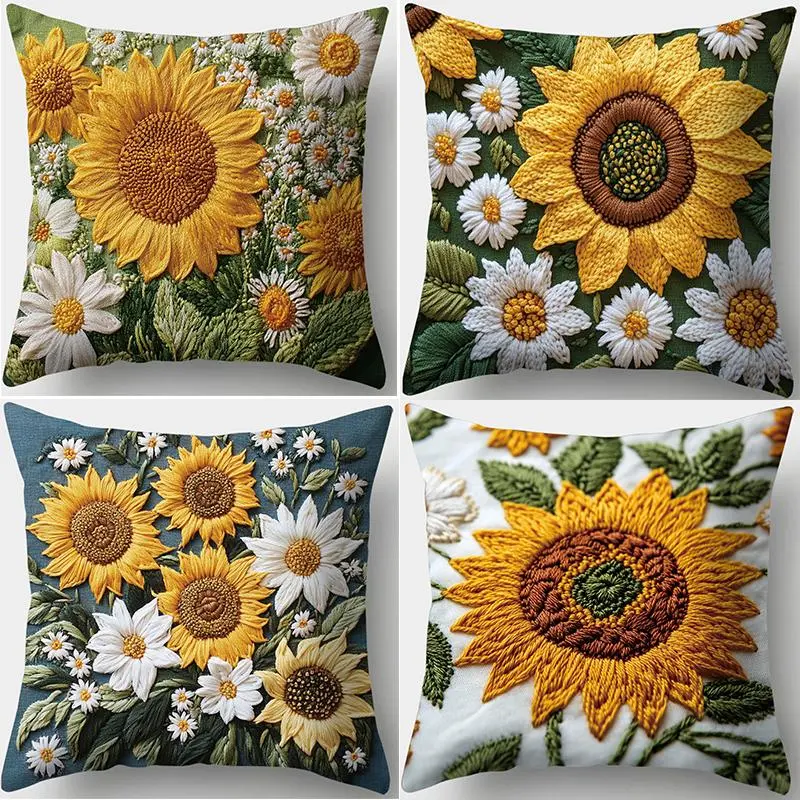 Sunflower & Daisy Pattern Cushion Cover, 4 Counts/set Floral Pattern Cushion Cover without Filler, Household Decoration Supplies for Home Living Room Bedroom 0