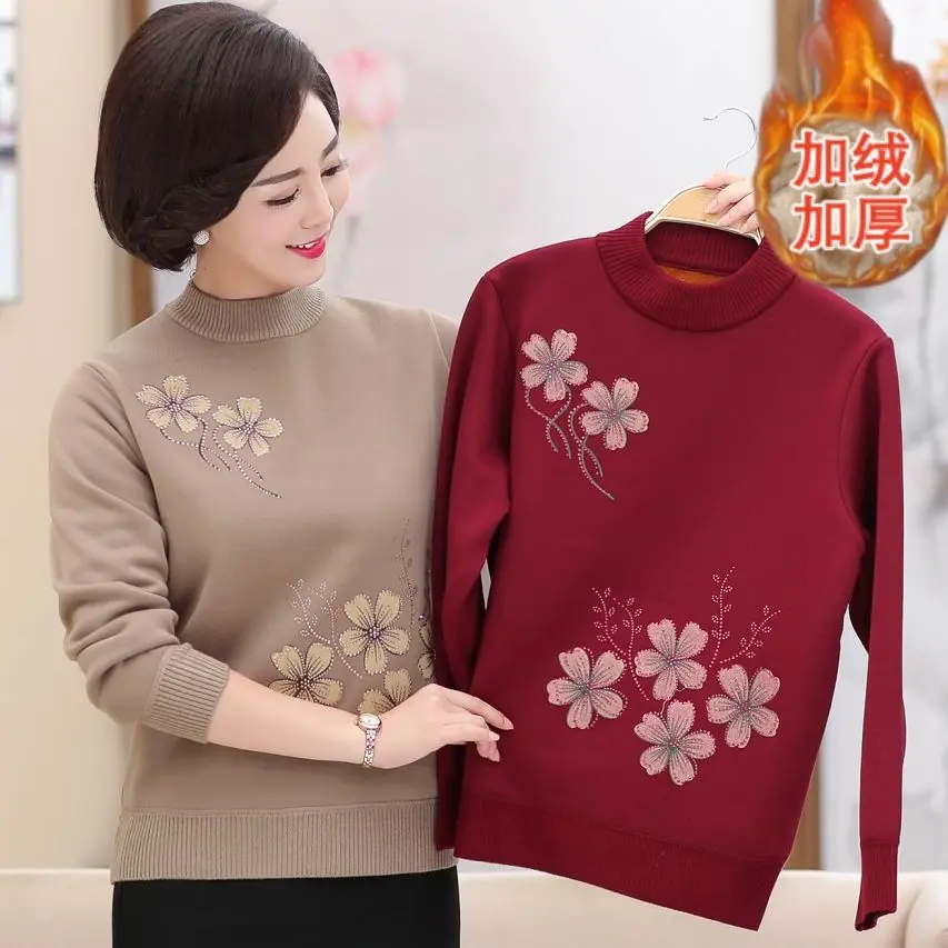 Áo len ấm áp mùa đông, dành cho mẹ, người cao tuổi và bà mẹ trung niên và cao tuổi, quần áo nữ mùa thu và mùa đông, áo lớp cơ sở dày bằng lông cừu Một Mảnh quần áo hàng đầu