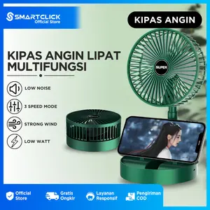 SMARTCLICK Kipas Angin Lipat Portable Meja Rechargeable Putar 180 Mini Fan Desktop Folding Fan 3 Speed dengan USB Port Charger & Holder Handphone Kapasitas Baterai 2000mAh