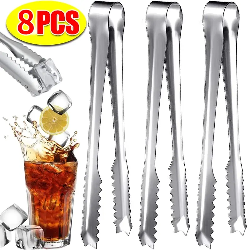 3/5/8Pcs Stainless Steel Ice Tongs Coffee Sugar Cubes Small Clips BBQ Meat Tong Bread Food Clamp Wedding Birthday Party Household Kitchen Tools