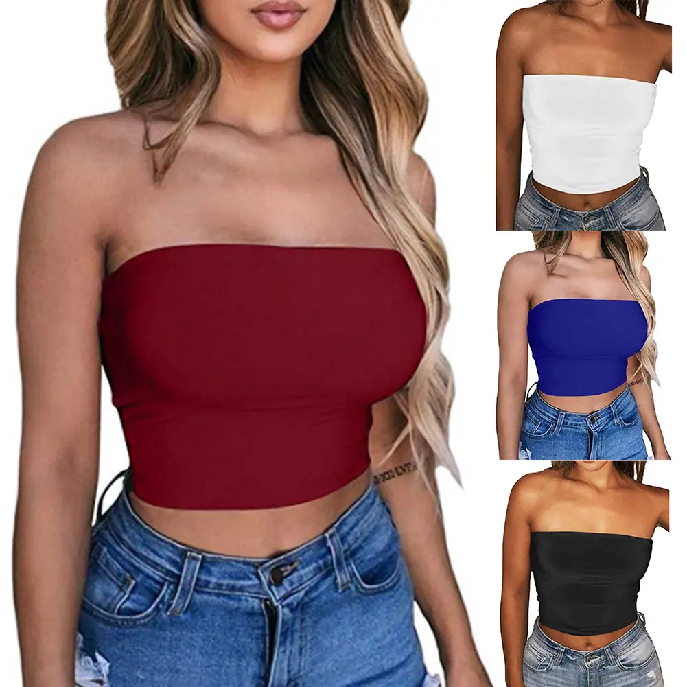<Hot Sale> Women Sexy Solid Color Strapless Cropped Mini Bustier Slim Elastic Tube Top