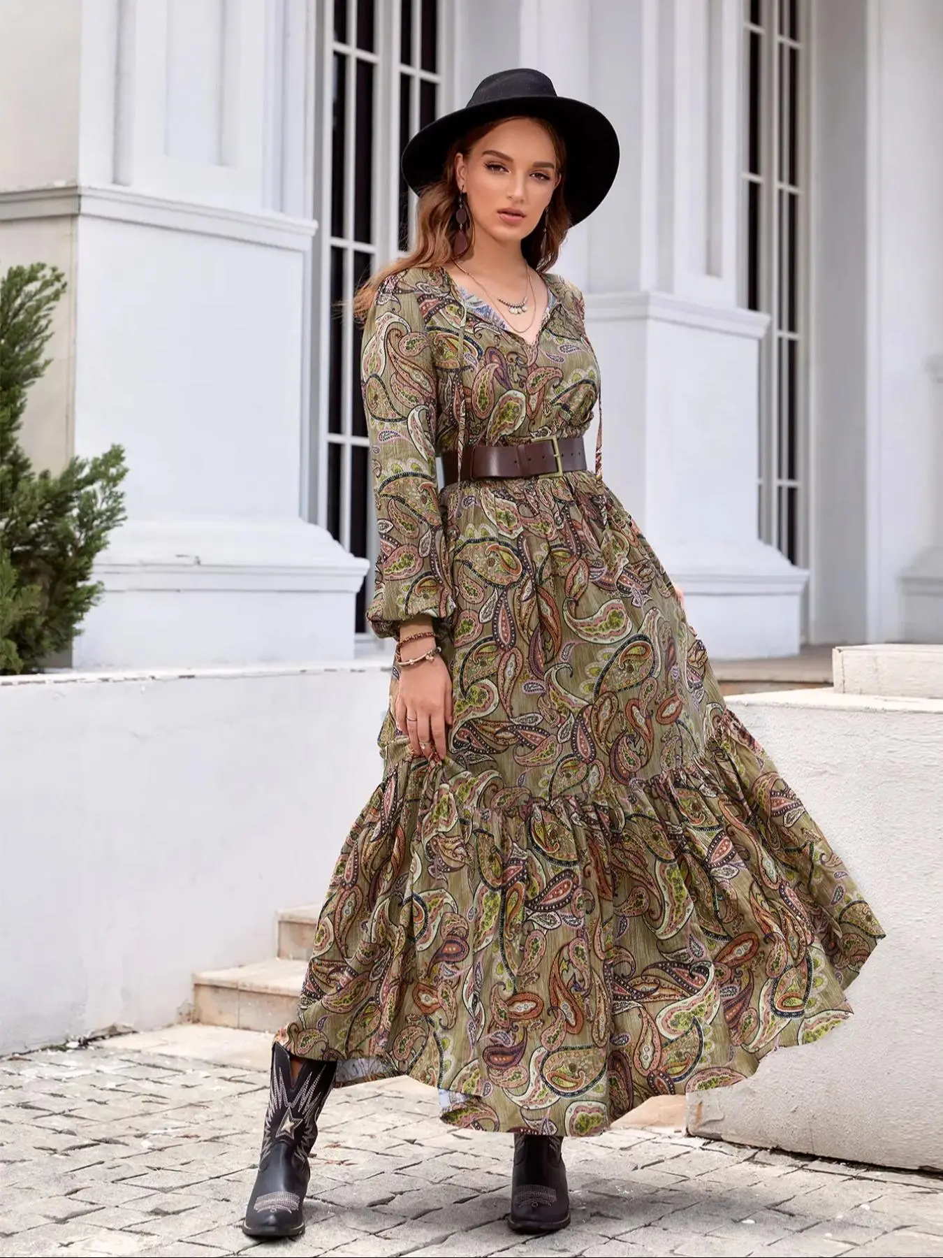 Women's Paisley Print Bishop Long Sleeve Tie Front Ruffle Hem Dress, Bohemian Casual Comfort Shirred A-line Long Dresses for Outdoor Vacation Holiday, Lady Travellers Gypsy Outfits, Womenswear