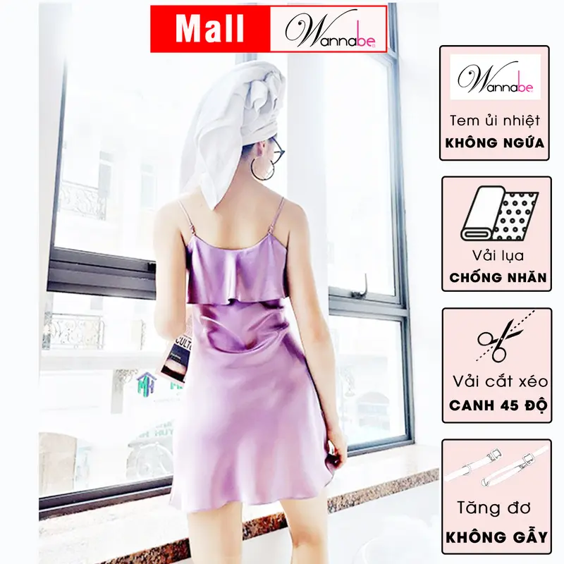 Đầm ngủ lụa WANNABE váy ngủ 2 dây phối bèo ngực che vòng 1 kín đáo nhưng vẫn nữ tính mang lại vẻ xinh tươi cho bạn gái Women Dress Kem Nhung dam ngu lua phi DNS05 7