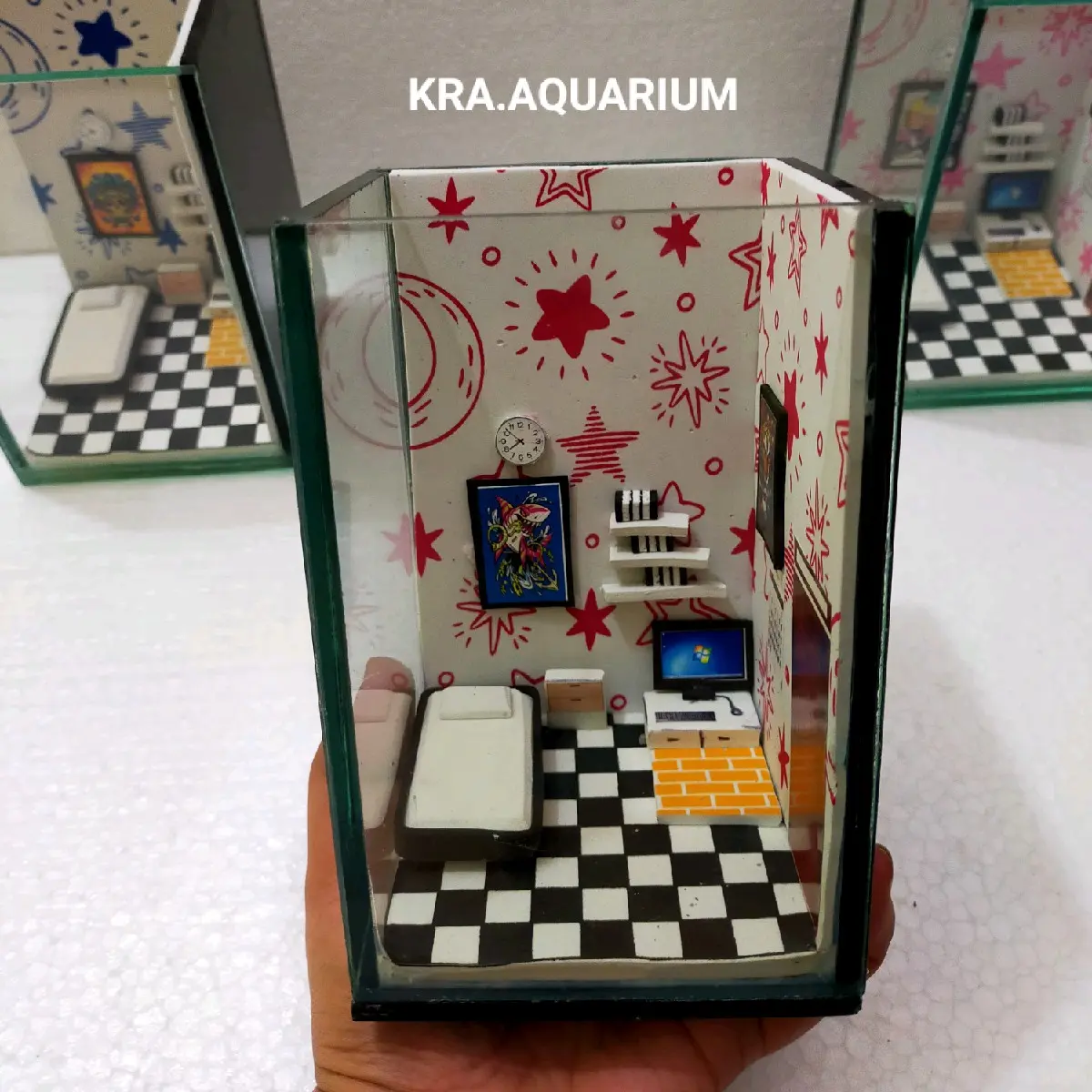 Aquarium Mini Plus Pohon Hiasannya/AQUARIUM MINI/SOLITER CUPANG/SOLITER/SOLITER CUPANG MOTIF BINTANG KAMAR KOS PINK