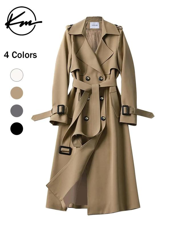 Women's Solid Double Button Belted Trench Coat, Elegant Lapel Neck Long Sleeve Coat for Fall & Winter, Women's Clothing for Daily Wear 0