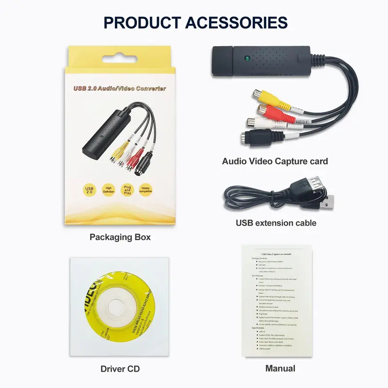 USB Video Capture Card, USB Video Capture Device, RCA to USB Audio Video Converter, Audio & Video Accessories Compatible with TV Tape Player Camcorder Windows Mac 7