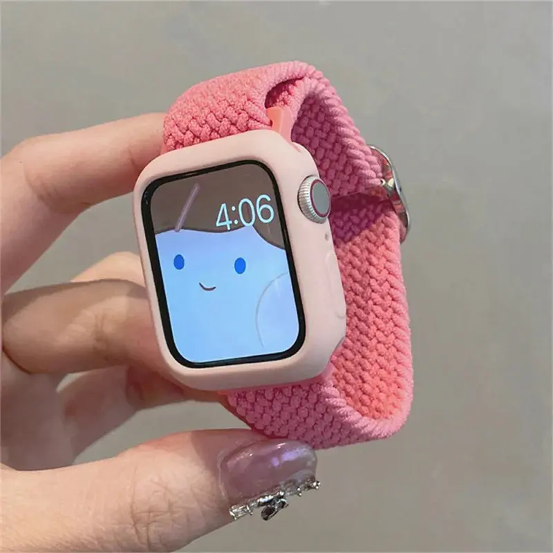 Weave Elasticity Strap+Case For Apple Watch Band 49mm 45mm 44mm 41mm 40 38 42mm Correa Pink Band For Watch Series 8 7 6 SE 5 4 3
