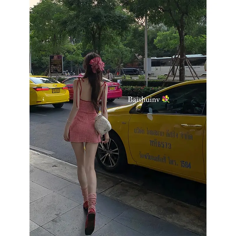 Red Plaid Waist-Cinching Slimming Vacation Style Spaghetti Strap Dress for Women Summer Short Dress 2025 New Beach Dress