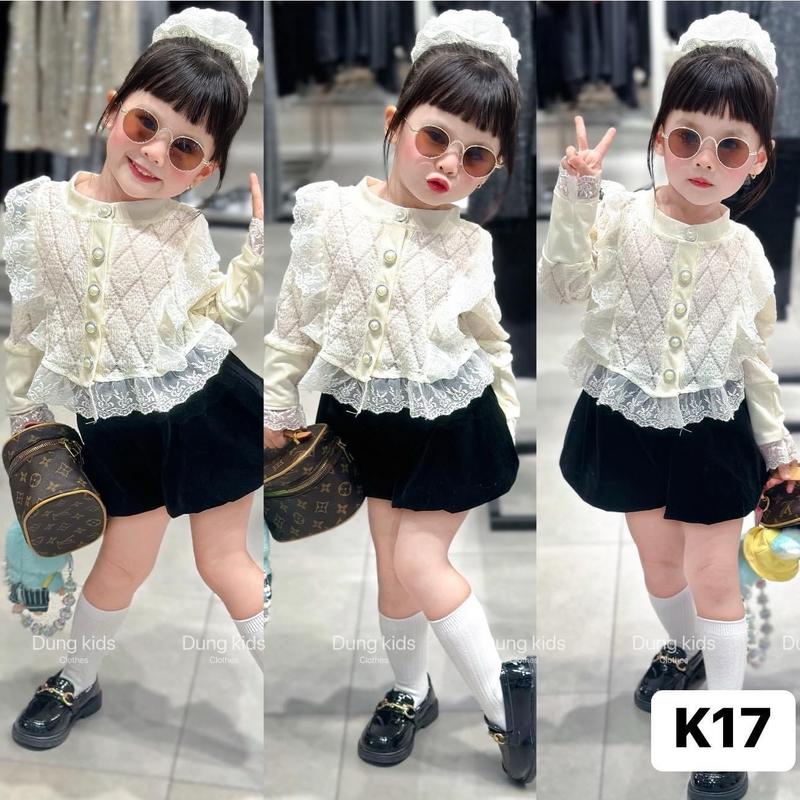 Dung Kids 02 - K17 Set Áo Bèo Ren Màu Trắng Kem Dài Tay Khuy Ngọc Kèm Quần Bí Phồng Điệu Đà Cho Bé xinh