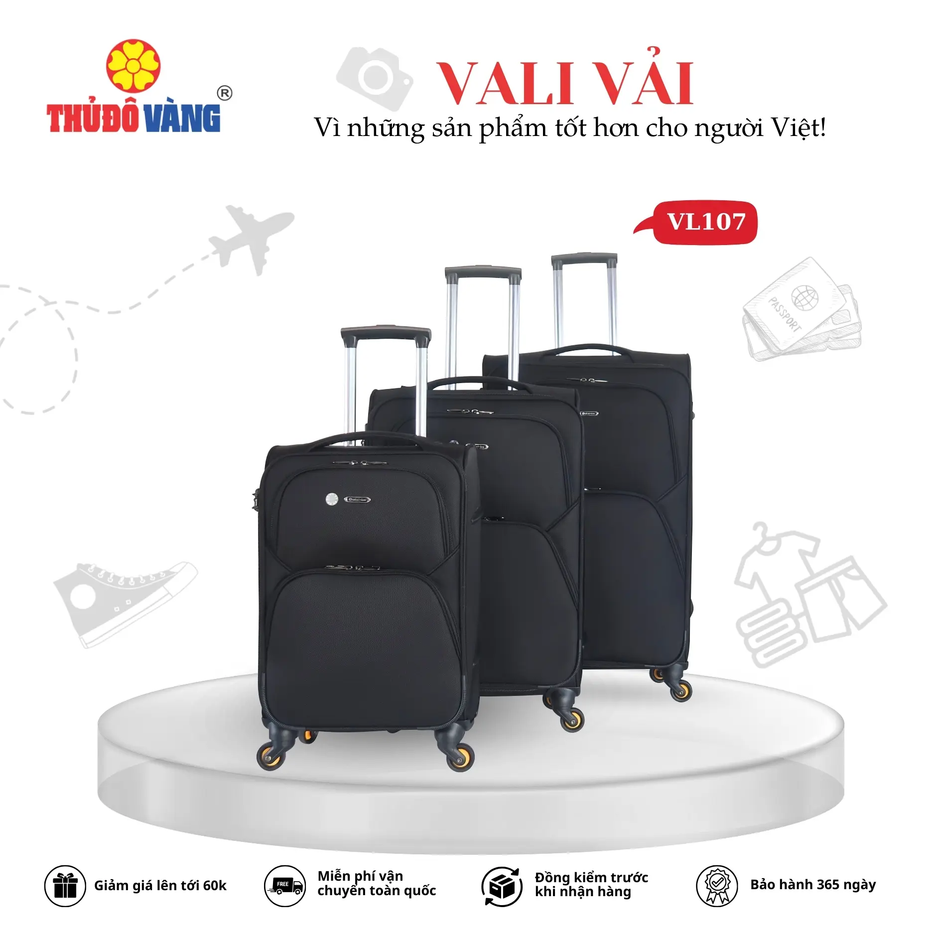 Vali Kéo Du Lịch THỦ ĐÔ VÀNG x VINASUN Size 20/24/28 nhựa ABS Chống Vỡ Chống Trộm Chống Va Đập VL107, VL108, VL109