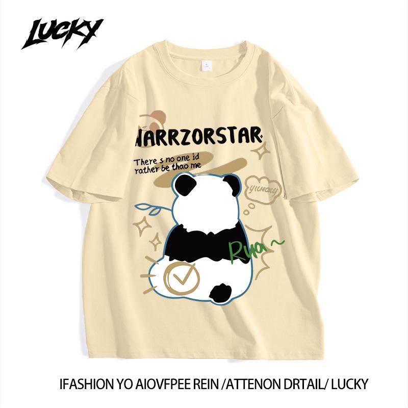 Product Introduction of Personal panda print short -sleeved T -shirt female loose sweet wind round neck top 2