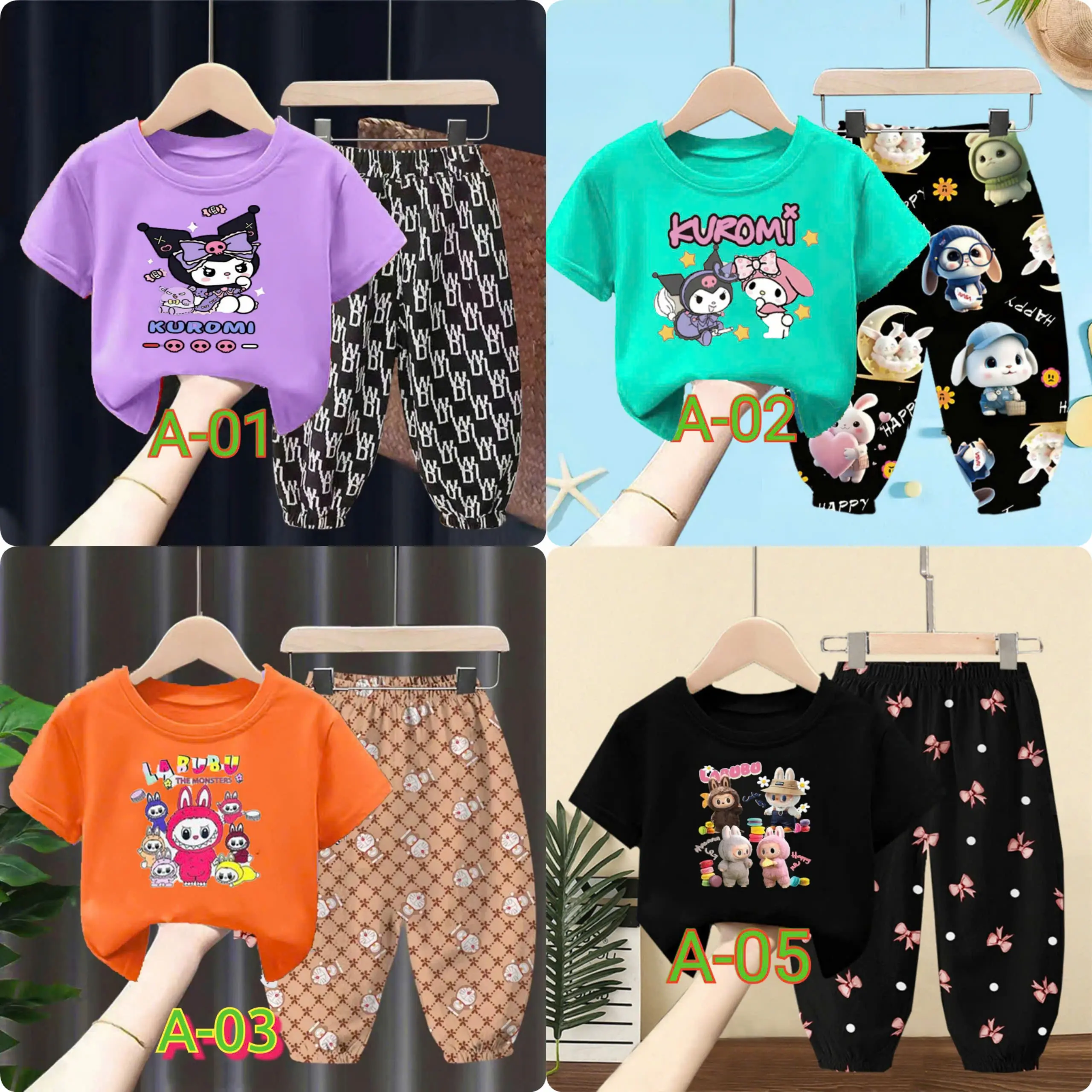 Combo 4 bộ quần dài áo cộc in hoạ tiết  Kurumi + labubu (MÃ E)