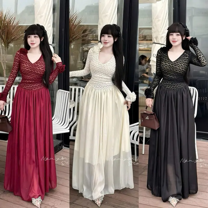 MAXI REN HOA CỔ TIM ĐÍNH 3 HOA TÙNG TƠ XOÈ 3 MÀU