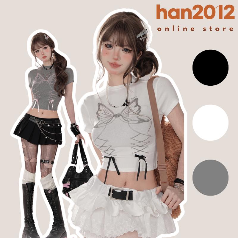 Áo Thun Croptop Nữ Butterfly Coquette cổ cao dáng ôm body form baby tee tay ngắn đính nơ mùa hè HANSTORE Nữ Women Đen Shirt Nữ Cổ Tròn Women