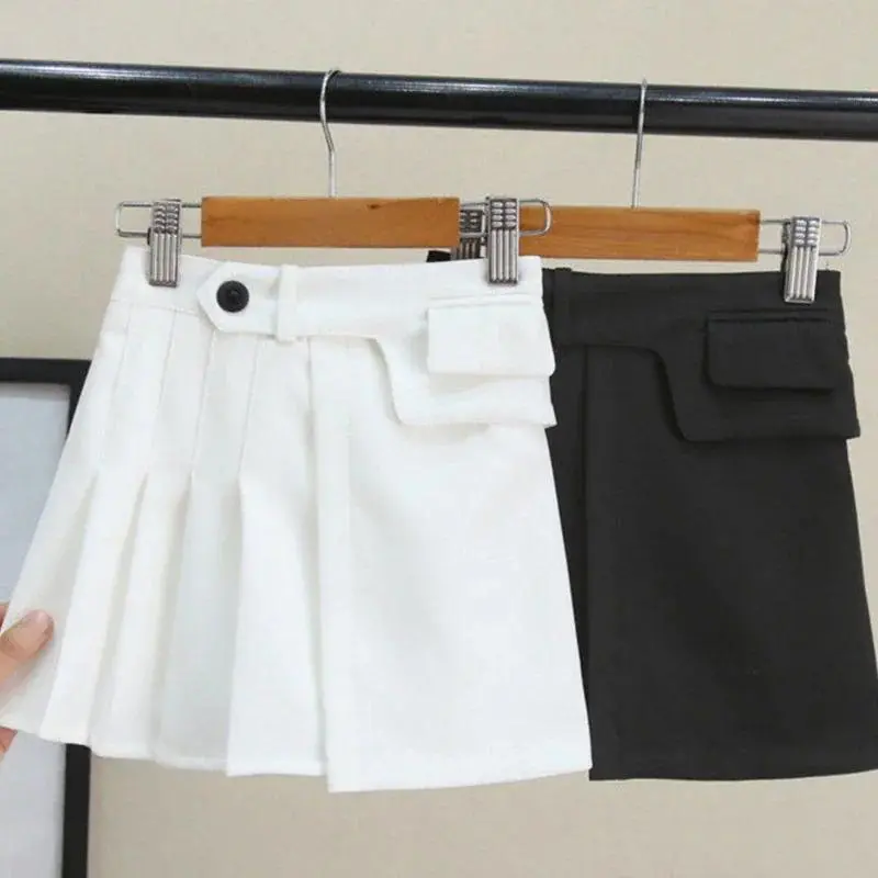 Kids Girls Pleated Skirts Black White School Skirts 2024 New Summer Teenage Girls Solid Skirts Children Dance Clothing For 3-13Y