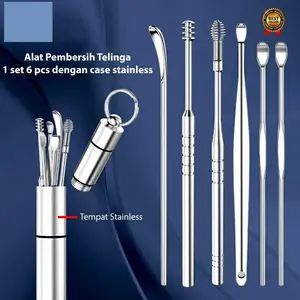 Korek Kuping Stainless 6 in 1 / Alat Pembersih Telinga Spiral Set 6 Pcs Stainless Steel Ear Kotoran