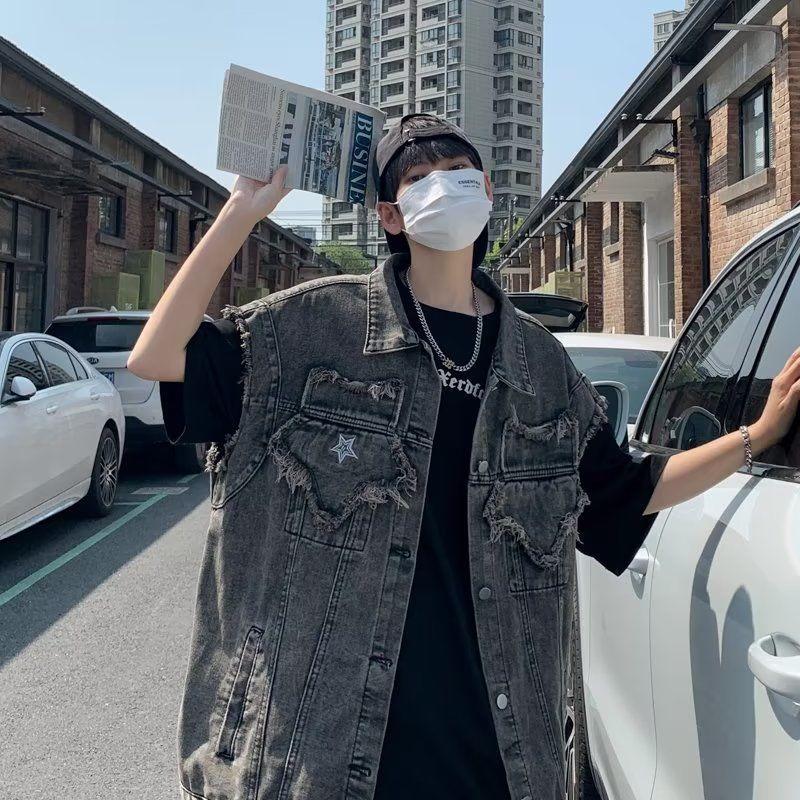 Áo Ghi Lê Denim, Màu Xám, Thương Hiệu Thời Trang Cổ Điển Phong Cách Nhật Bản, Dành Cho Nam Và Nữ, Có Miếng Dán XINGX, Áo Ghi Lê Không Tay Áo Khoác Rụng 1