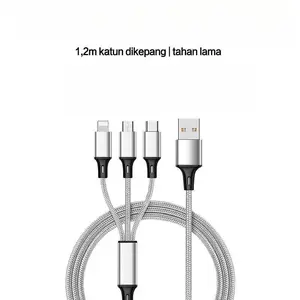 Kabel data 3-in-1 untuk koneksi Bluetooth ke ponsel - antarmuka input USB, Type-C, dan Lightning, garansi satu tahun