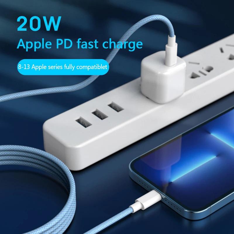 Cáp USB PD 20W, 4 màu có sẵn, Tương thích với iPhone 14, 13, 12, Pro Max, 11 và iPad mini, Sạc nhanh Type C, Cáp dữ liệu USB C, Có sẵn trong 1m và 2m chiều dài 2