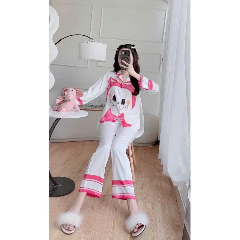 Bộ đồ ngủ mặc nhà dài tay in hình vải satin cao cấp - Bộ pijama hoạt hình dễ thương Nữ Women Quần Ngủ Áo Ngủ 5