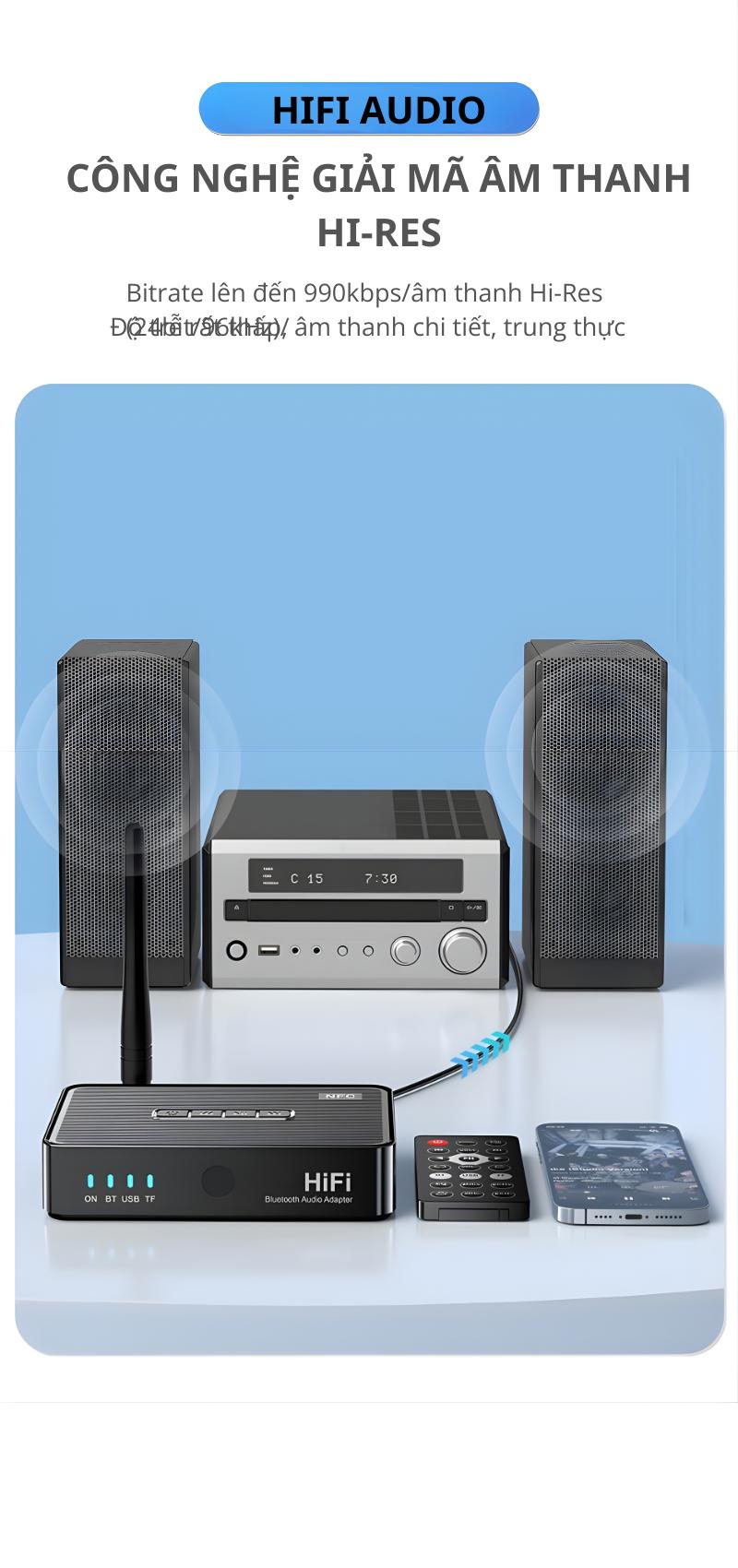 Bộ thu Bluetooth 5.1 âm thanh HIFI có cổng cắm mic hát karaoke chống hú, nghe nhạc USB thẻ nhớ, pin dùng 12 tiếng liên tục không cần cắm nguồn