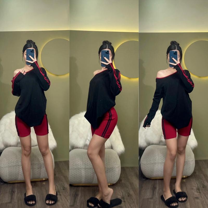 S152 - Set Quần Đùi + Áo Tay Dài Lệch 1 Vai Viền Thể Thao Ngọc Lucie