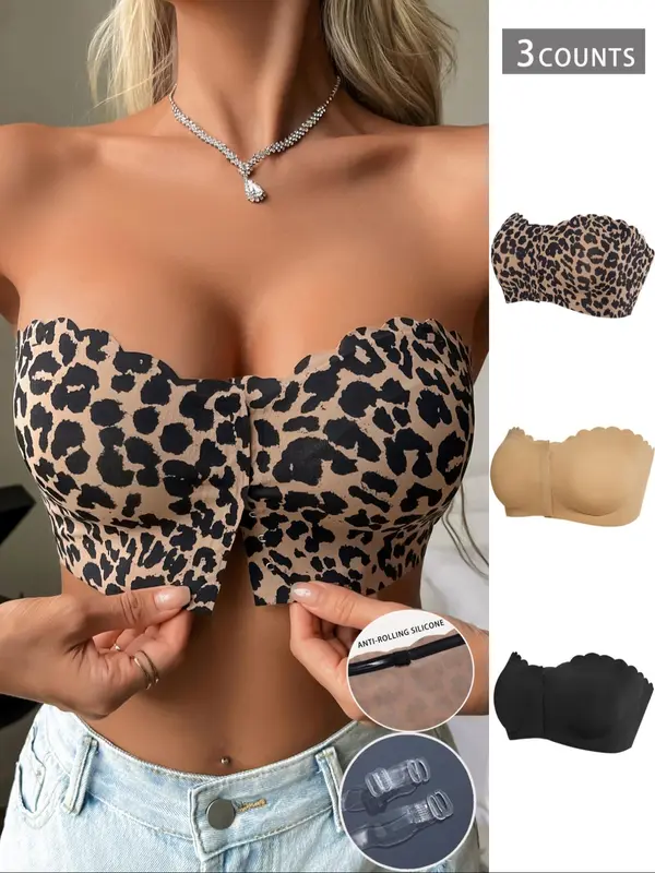 Women's Solid Color / Leopard Print Wireless Bra, Casual Comfortable Breathable Strapless Bra, Lingerie for All Seasons 3