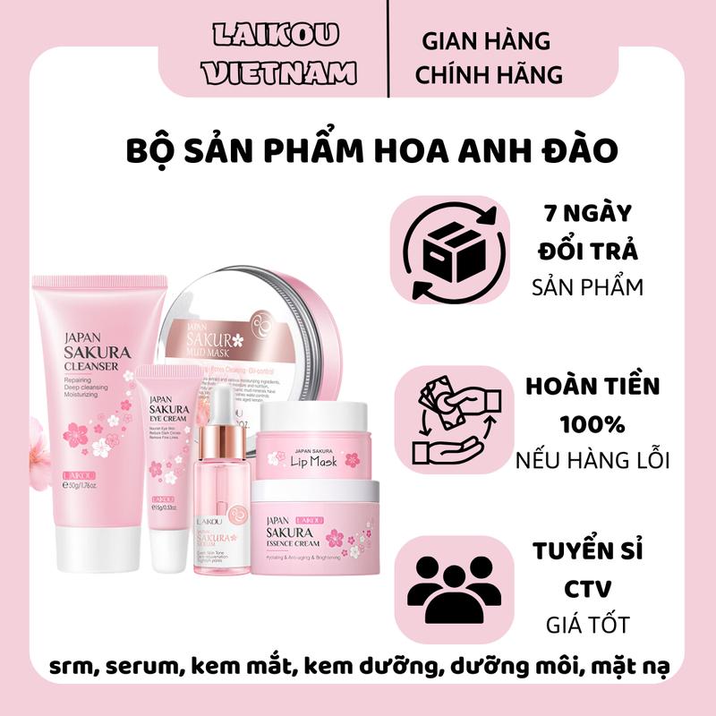 Bộ 6 Sản Phẩm Hoa Anh Đào Dạng Kem Bôi Set Lẻ 6 món Bao Gồm: SRM 50g, Serum 17ml, Dưỡng Môi 8g, Mặt Nạ 100g, Kem Dưỡng 25g Không chứa cồn Phù hợp Tất cả các loại da Skincare Kem Face Son Nữ Cho Bé Women