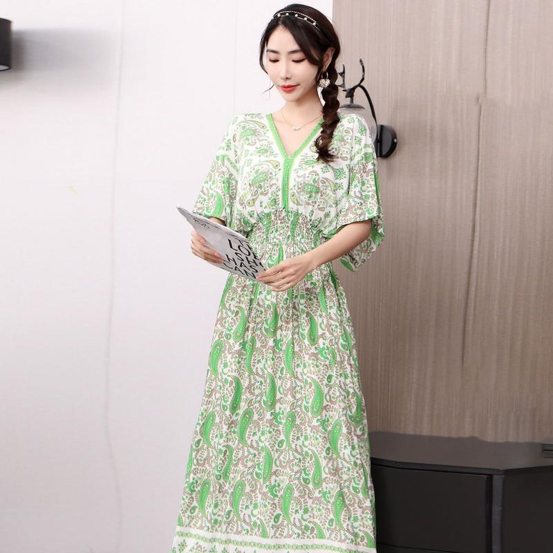 Váy Cổ Chữ V In Họa Tiết Lụa Bông Phong Cách Bohemian Hàng Mới Về Mùa Hè, Váy Dài Ôm Cạp Cao Thanh Lịch, Thích Hợp Đi Du Lịch / Đi Kỳ Nghỉ 2