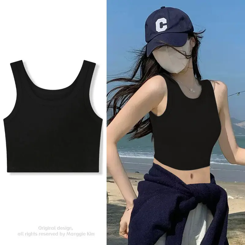 Áo Thun Nữ, Dệt Kim, Màu Đen, Cổ Tròn, Không Tay, Gợi Cảm, Áo Crop Top, Co Giãn Bó Sát, Áo Ba Lỗ, Áo Thun Nữ, Thời Trang Đường Phố