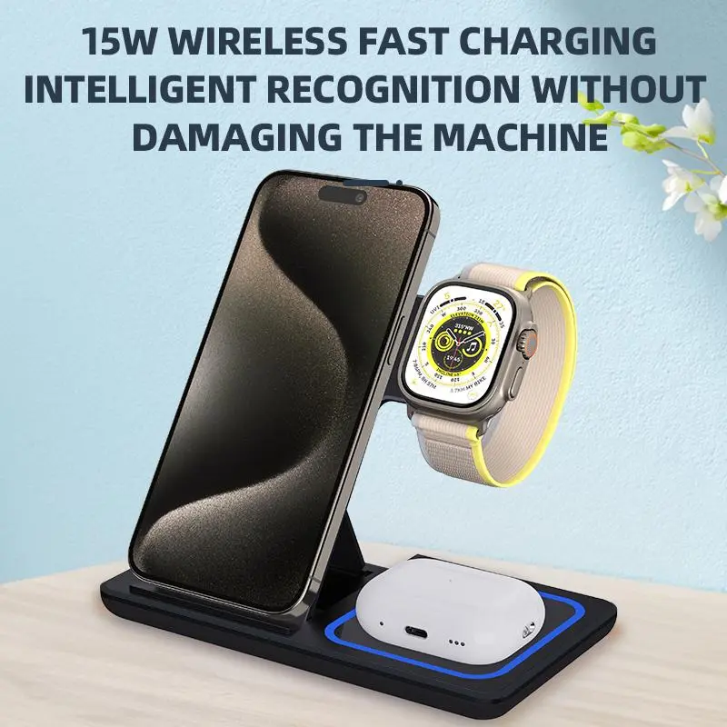 3 in 1 Wireless Fast Charging Stand, 15W Wireless Intelligent Identification Charger, Foldable Storage Travel Charger for Desktop Office Business Trip 6