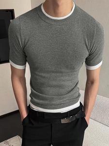 Men's Knitted Textured Short Sleeve Tee, Streetwear Casual Patchwork Crew Neck T-shirt for Summer, Fashion Men's Top for Daily Wear