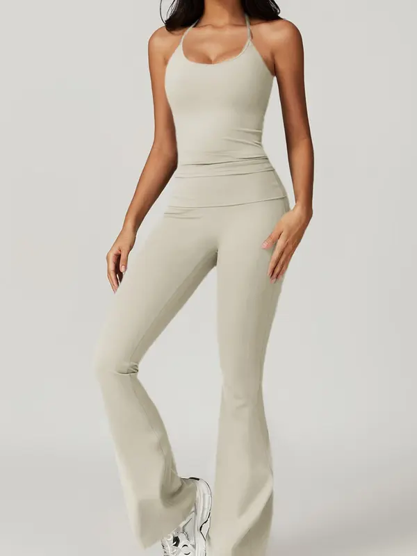 Women's Solid Crop Cami Top & Flare Leg Pants Two-piece Set, Casual Fashion Cozy Breathable Two Piece Outfits for Daily Outdoor Wear, Ladies Clothes for Summer, Womenswear 2