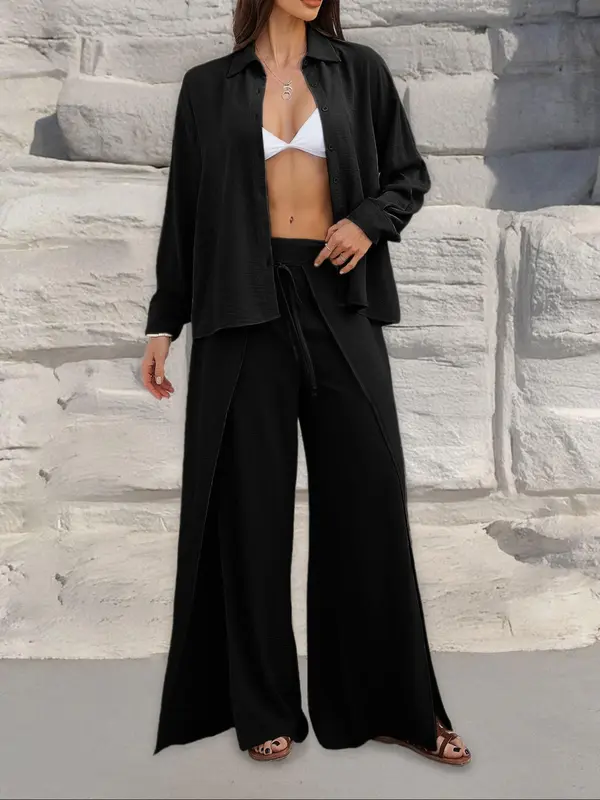 Women's Solid Color Top & Wide Leg Pants Two-piece Set, Casual Long Sleeve Top & Palazzo Pants for Spring & Fall, Women's Clothes for Daily Wear Womenswear Suits 2
