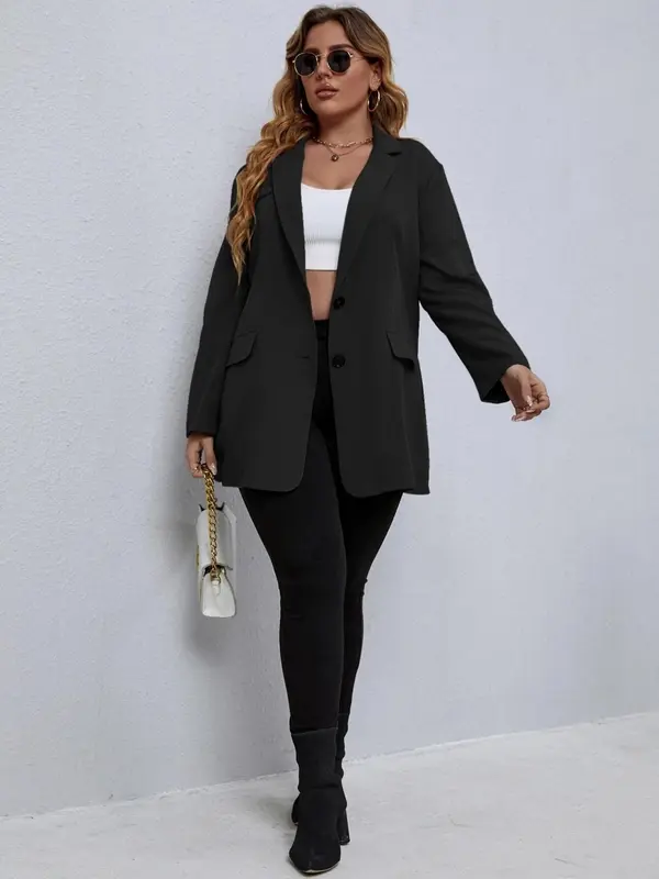 Plus Size Women's Solid Color Pocket Button Front Blazer, Plus Casual Long Sleeve Lapel Neckline Blazer for Spring & Fall, Coats for Women, Women's Plus Clothes for Daily Wear 3