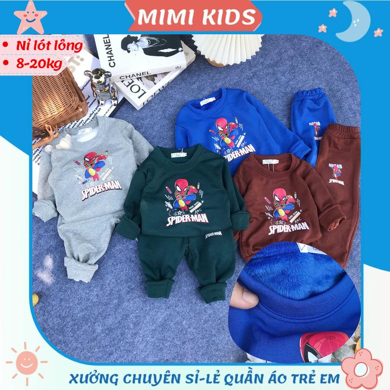 Bộ quần áo dài tay thu đông lót lông in hình siêu nhân nhện Spiderman cho bé trai 11-18kg
