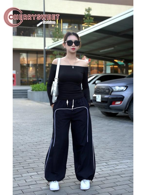 Quần gió nữ Cherrrysweet thể thao vải dù chất lượng cao có dây rút viền phối màu đẹp T131 Women Pants Sport 6