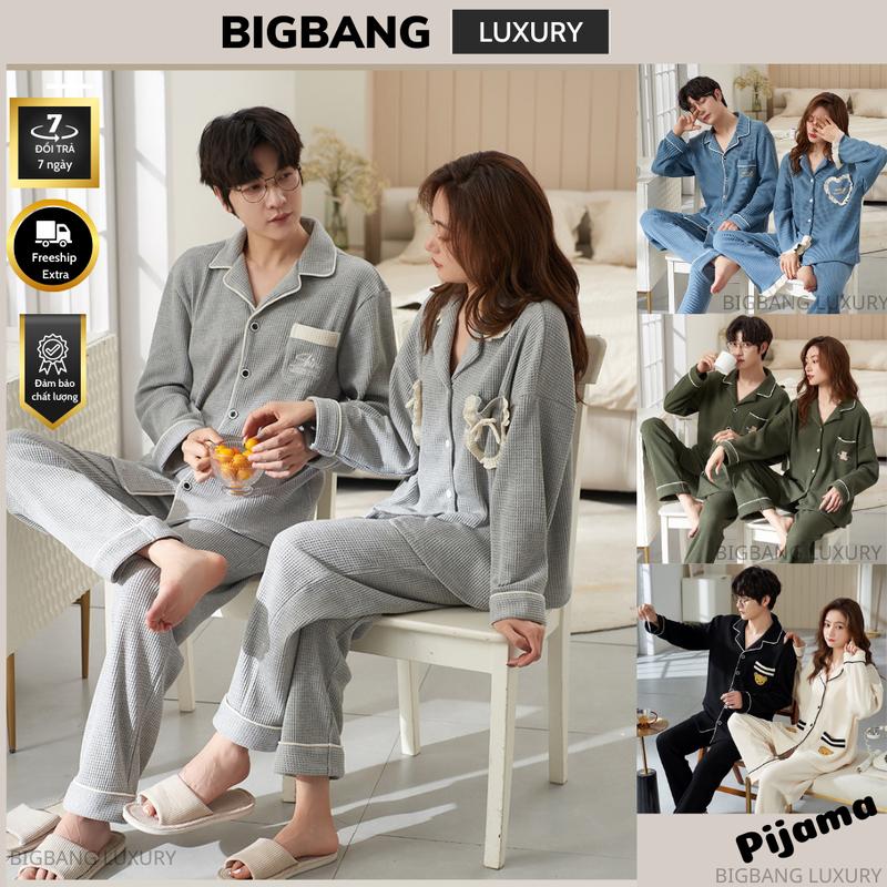 Bộ đồ ngủ pijama nam nữ Bigbang Luxury chất cotton tổ ong cao cấp dành cho các cặp đôi gia đình quà tặng sang trọng