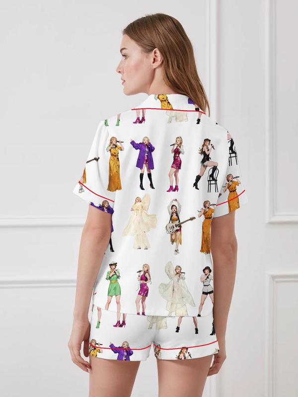 Women's All Over Print Short Sleeve Satin Pajama Two-piece Set, Elegant Casual Comfy Button Front Lapel Neck Top & Elastic Waist Shorts PJ Set, Ladies Sleepwear for Summer 7