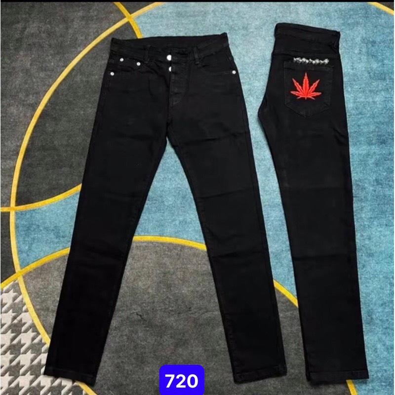 Quần dài jean nam đen 4 cúc phối lá phong đỏ phong cách thanh lịch mẫu mới Menswear Pants