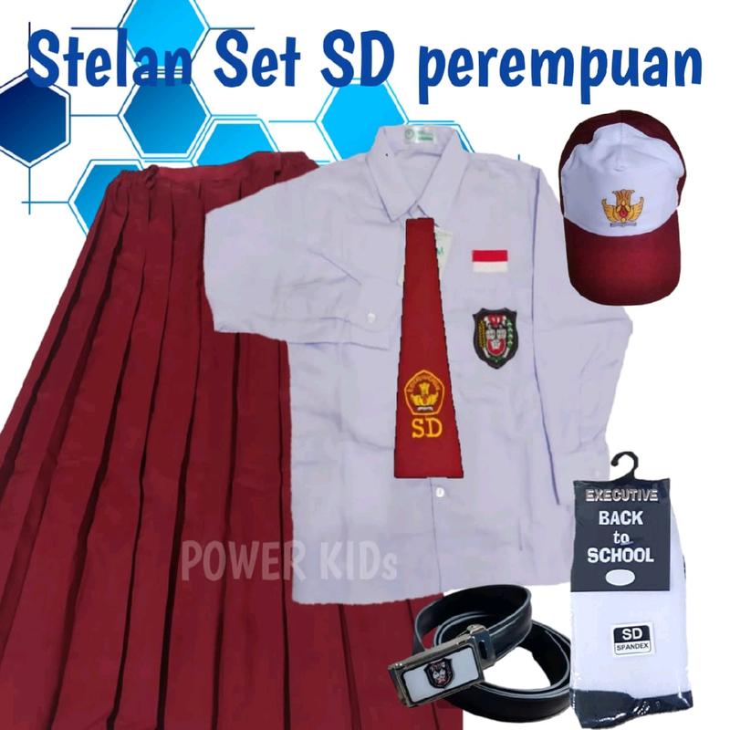 Set seragam sekolah putri baju kemeja dan rok panjang merah SD 0