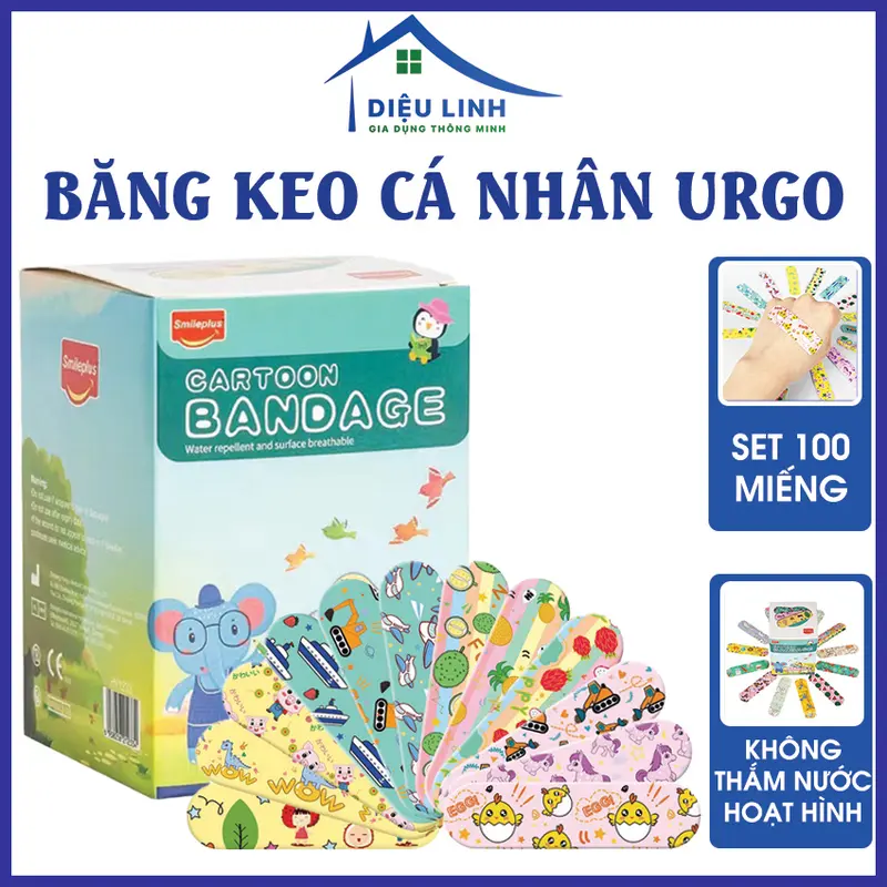 Hộp 100 miếng băng keo cá nhân Dieulinhshop hoạ tiết hoạt hình thoáng khí siêu dính chống thấm nước 0